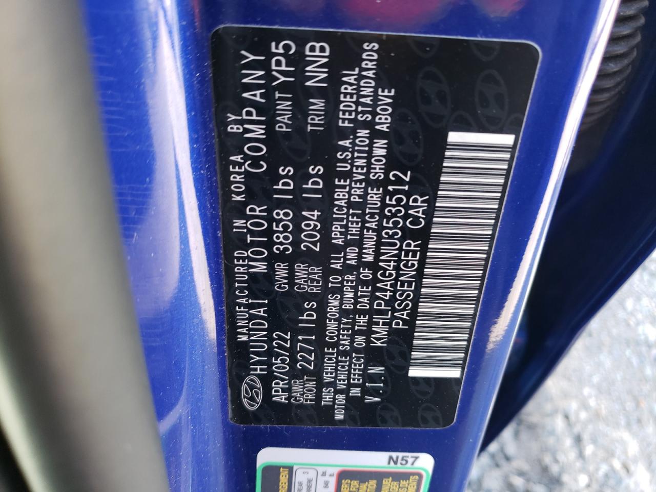 2022 HYUNDAI ELANTRA LIMITED VIN:KMHLP4AG4NU353512