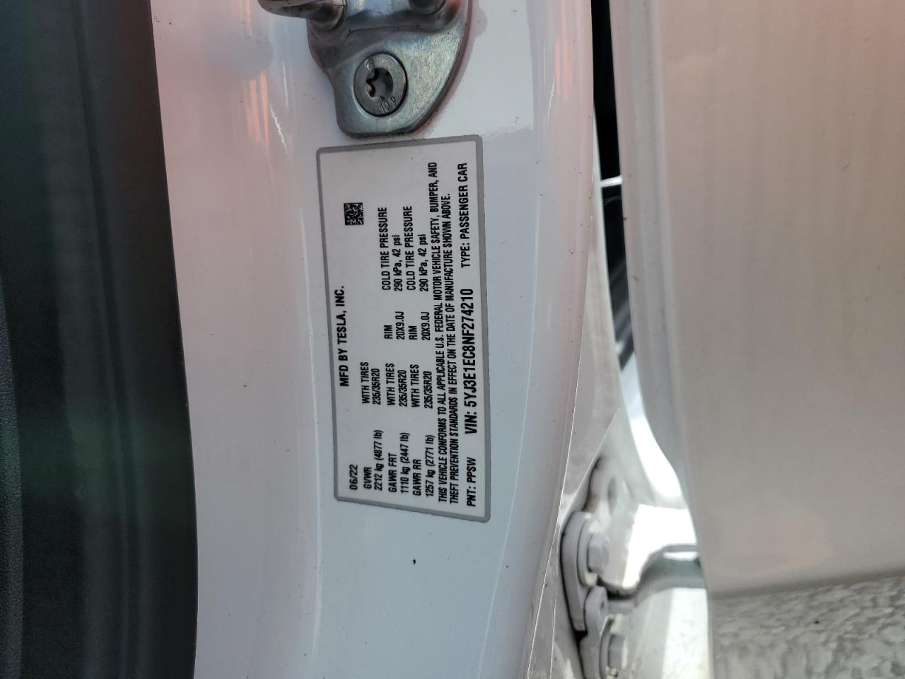 2022 TESLA MODEL 3 VIN:5YJ3E1EC8NF274210