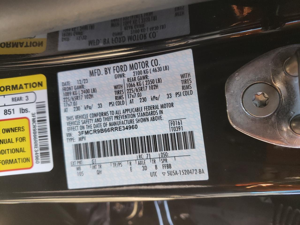 2024 FORD BRONCO SPORT BIG BEND VIN:3FMCR9B66RRE34960