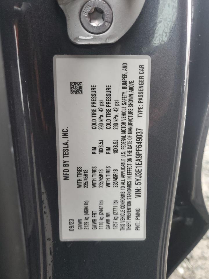 2023 TESLA MODEL 3 VIN:5YJ3E1EA9PF649037