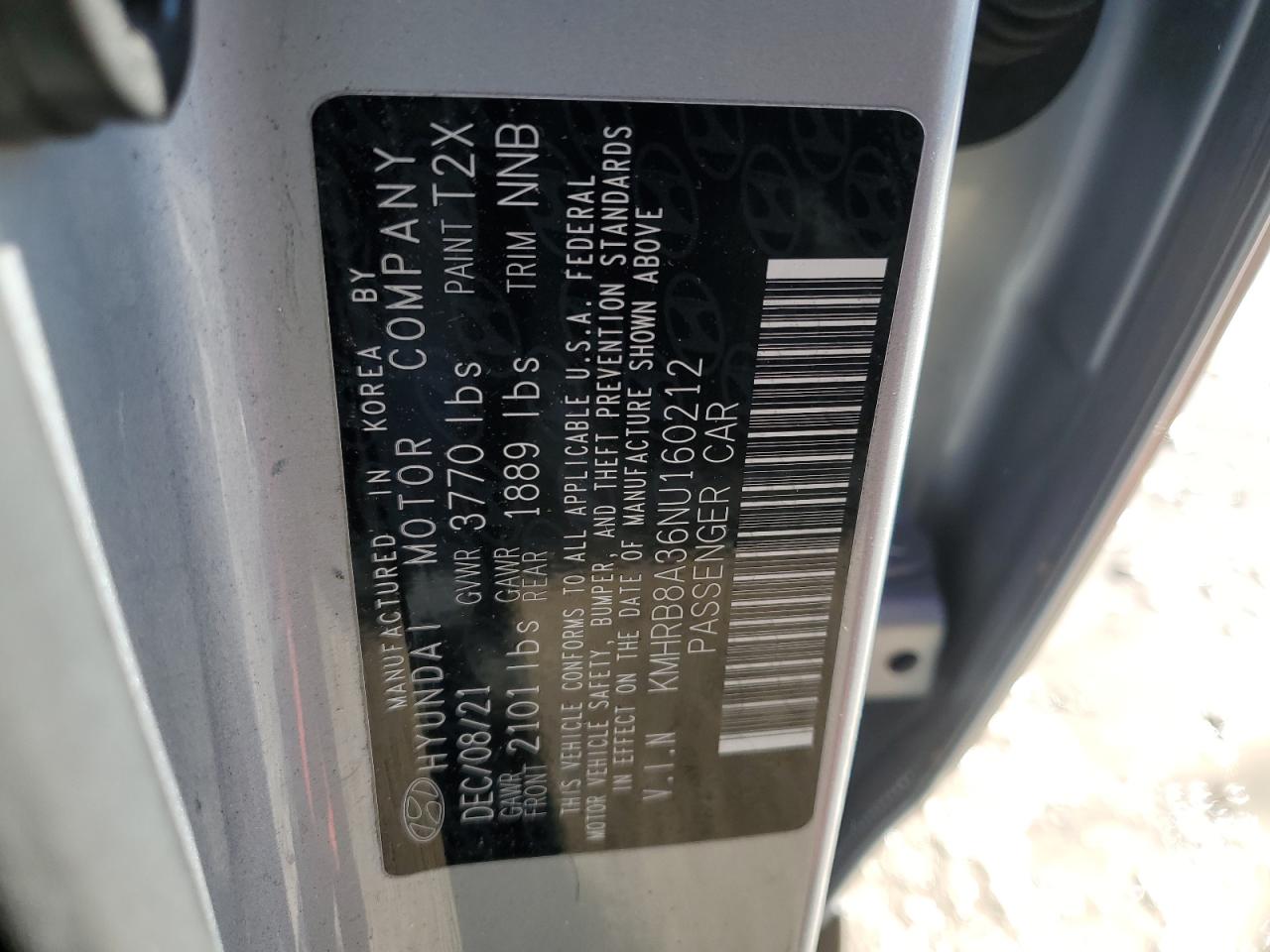 2022 HYUNDAI VENUE SE VIN:KMHRB8A36NU160212