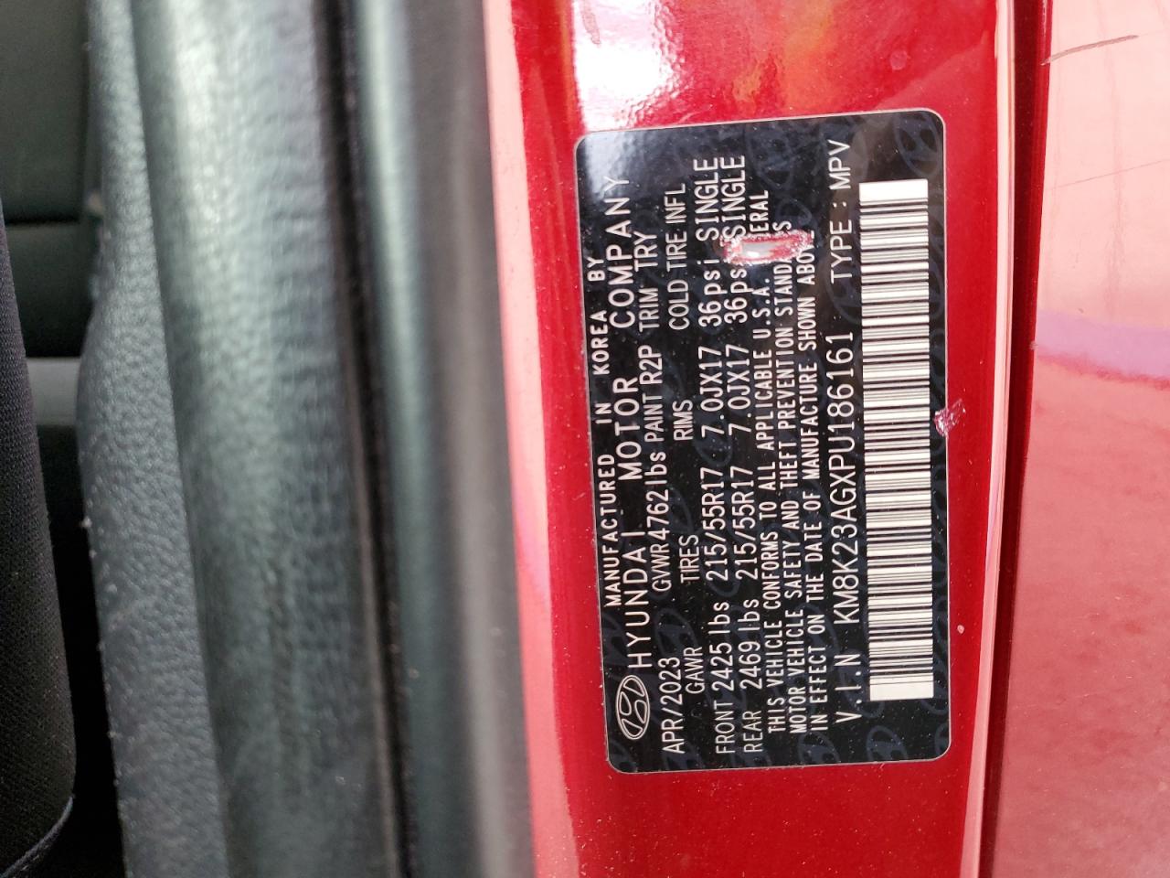 2023 HYUNDAI KONA SE VIN:KM8K23AGXPU186161