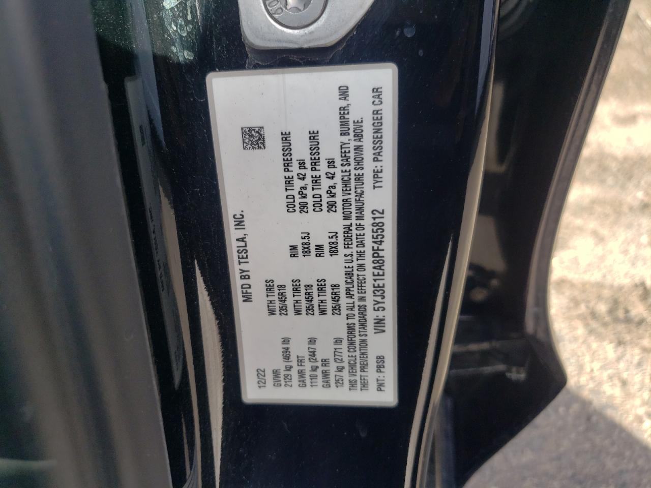 2023 TESLA MODEL 3 VIN:5YJ3E1EA8PF455812