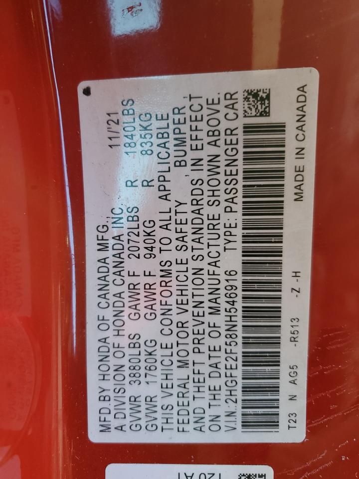 2022 HONDA CIVIC SPORT VIN:2HGFE2F58NH546916