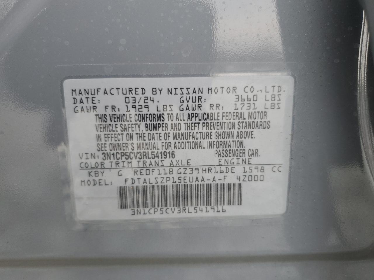 2024 NISSAN KICKS SV VIN:3N1CP5CV3RL541916