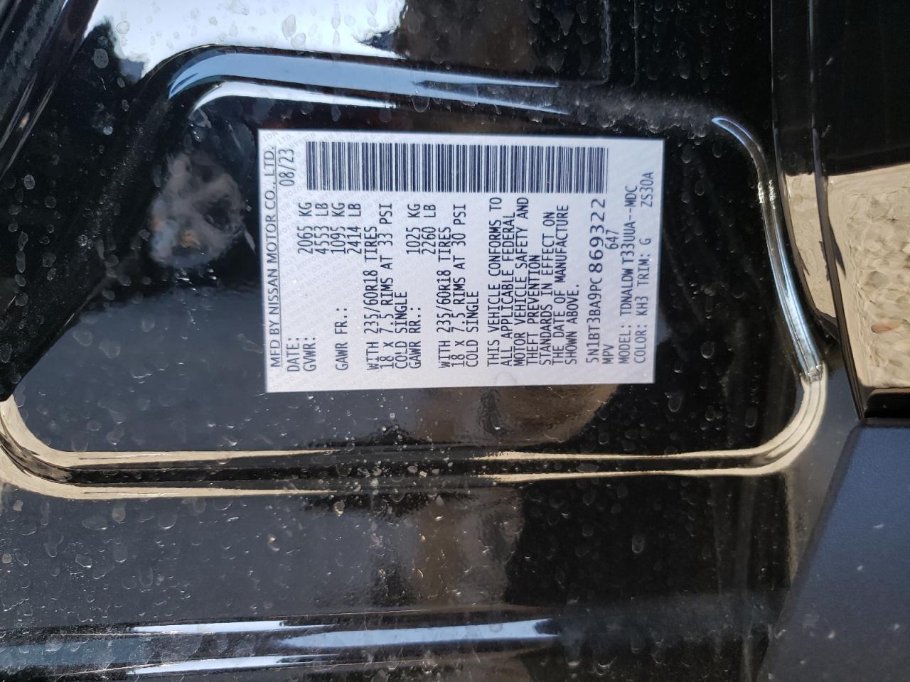 2023 NISSAN ROGUE SV VIN:5N1BT3BA9PC869322
