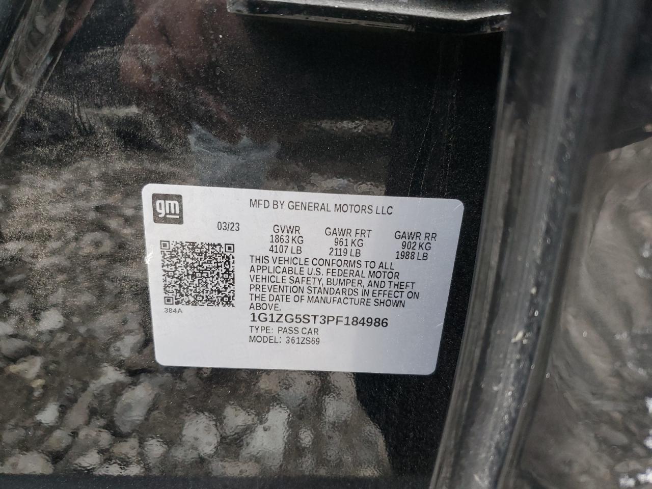 2023 CHEVROLET MALIBU RS VIN:1G1ZG5ST3PF184986