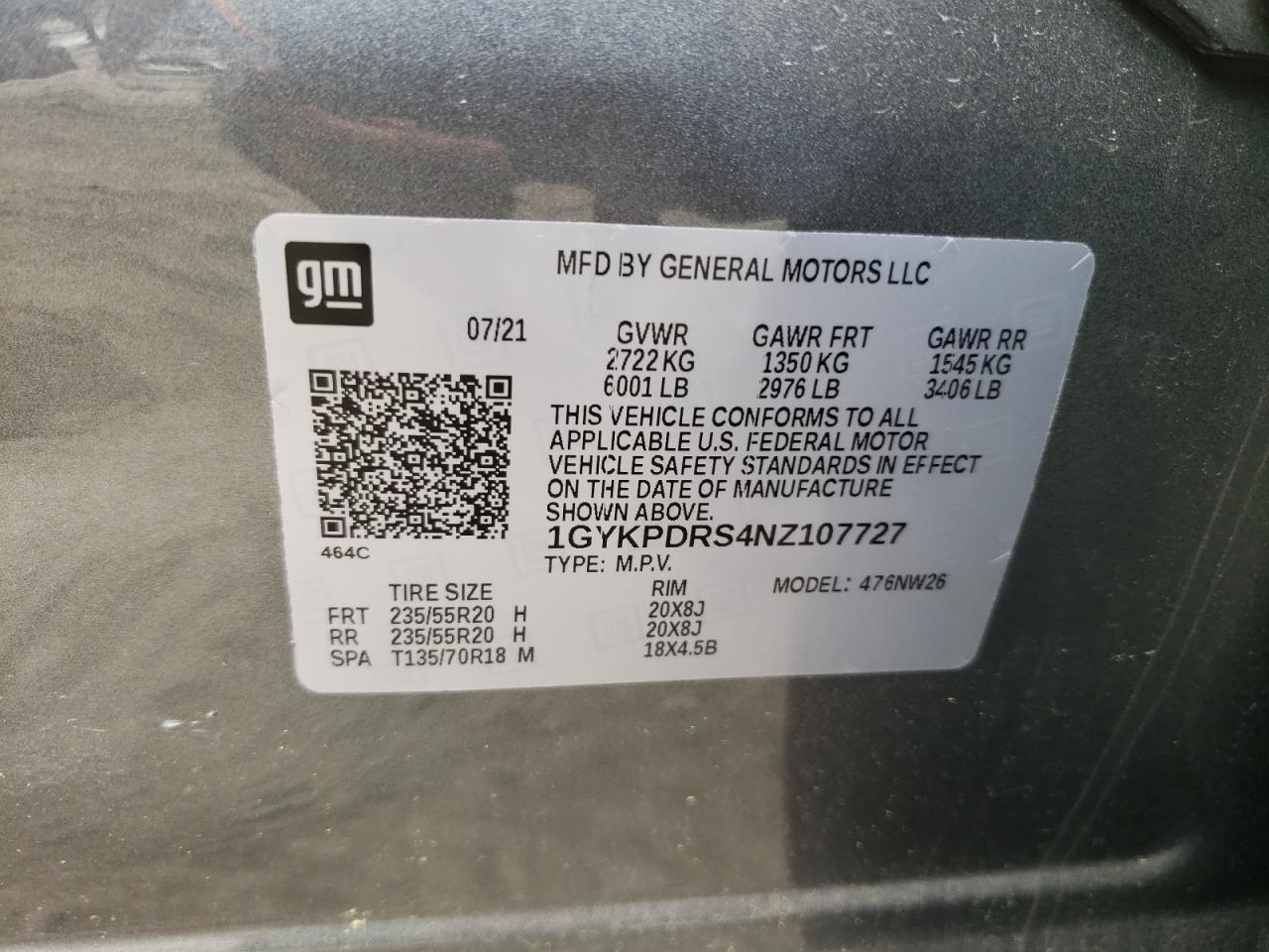 2022 CADILLAC XT6 PREMIUM LUXURY VIN:1GYKPDRS4NZ107727