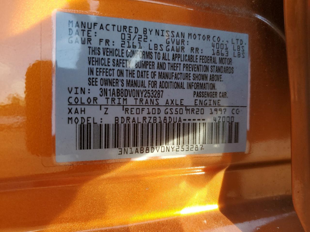 2022 NISSAN SENTRA SR VIN:3N1AB8DV0NY253287