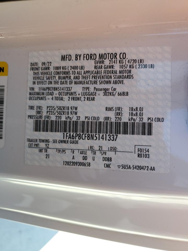 2022 FORD MUSTANG GT VIN:1FA6P8CF8N5141337