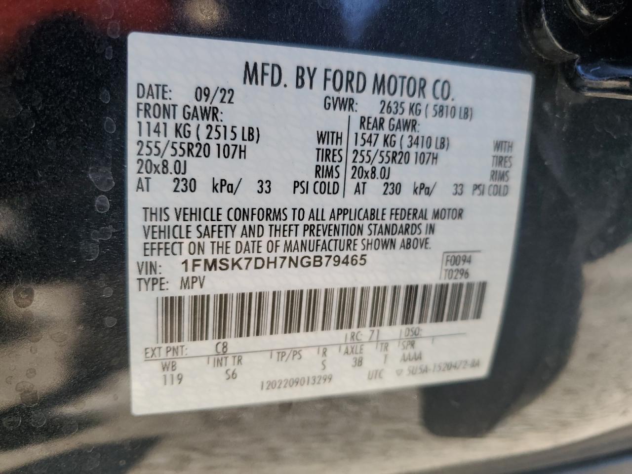 2022 FORD EXPLORER XLT VIN:1FMSK7DH7NGB79465