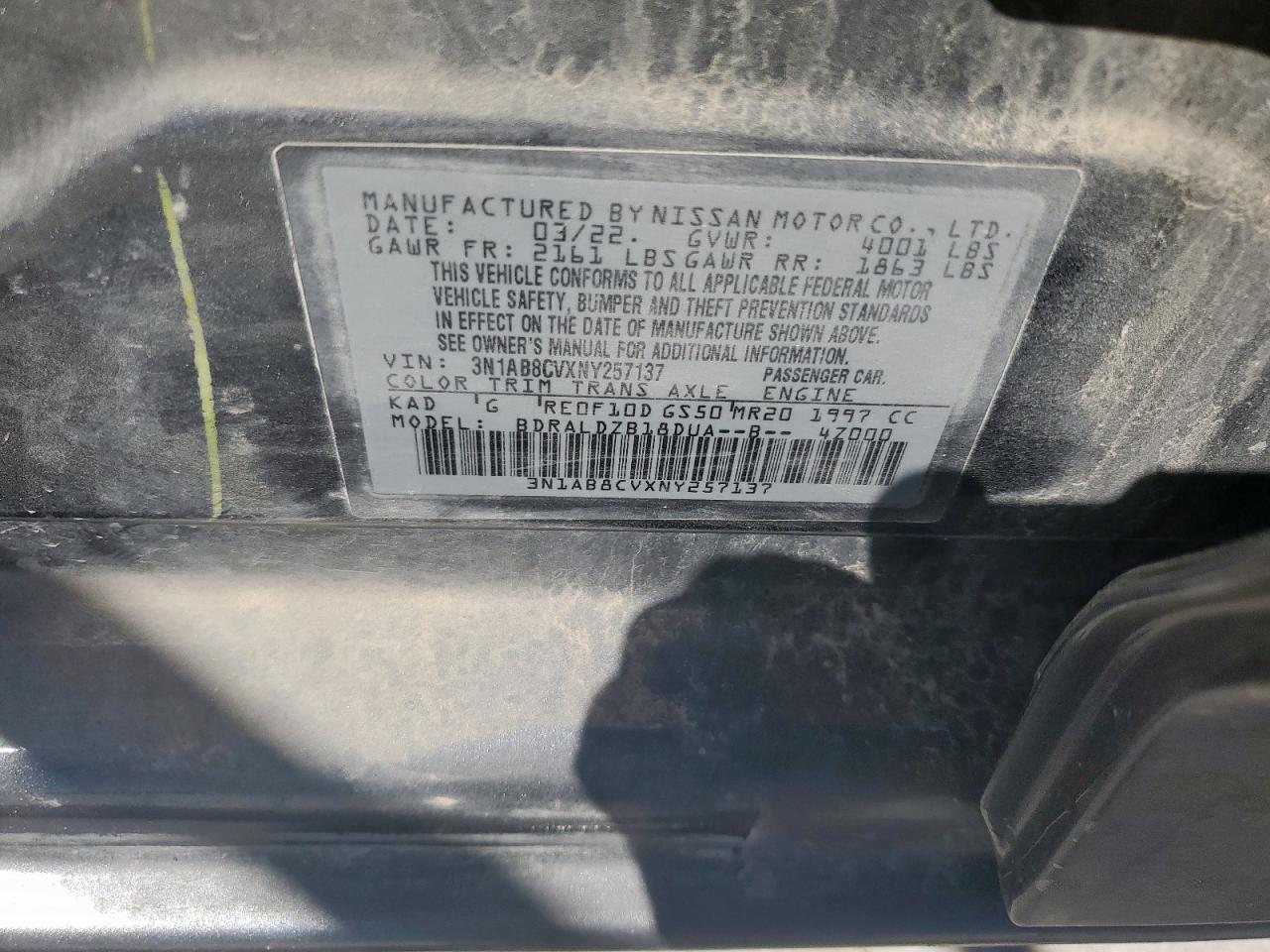 2022 NISSAN SENTRA SV VIN:3N1AB8CVXNY257137
