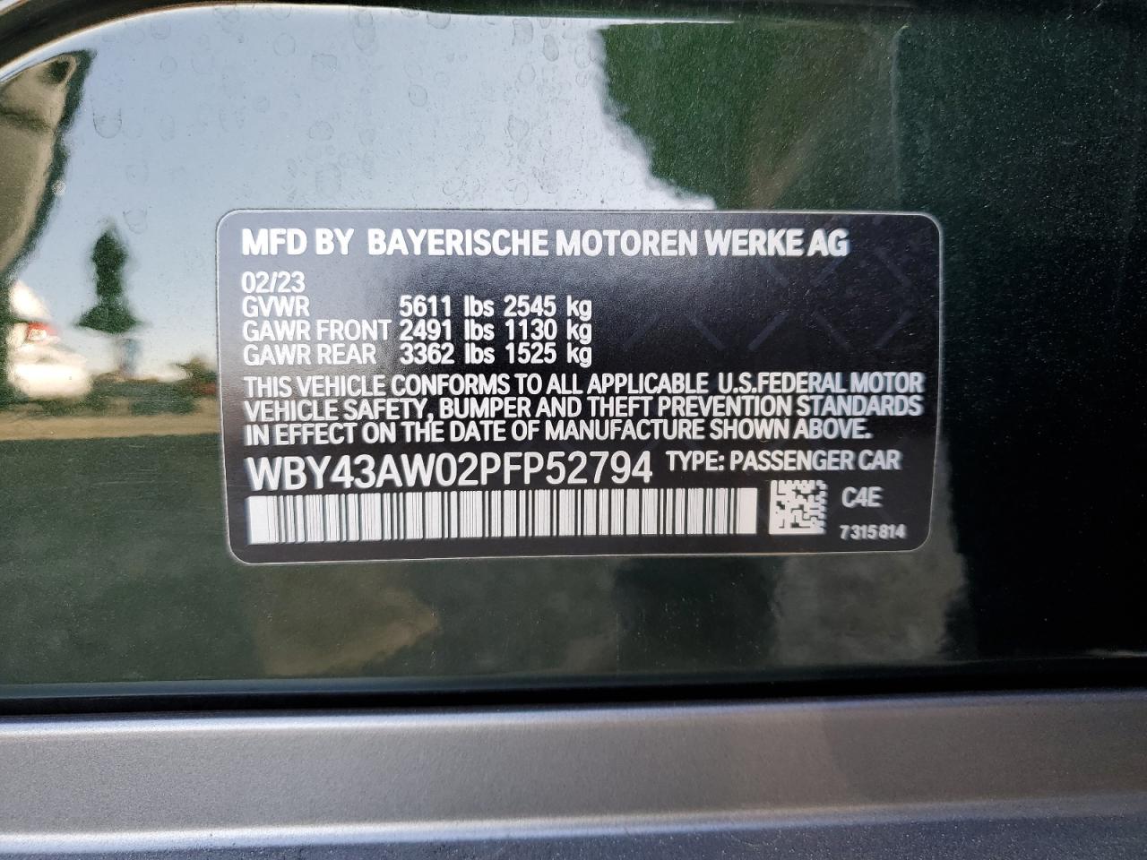 2023 BMW I4 EDRIVE 35 VIN:WBY43AW02PFP52794