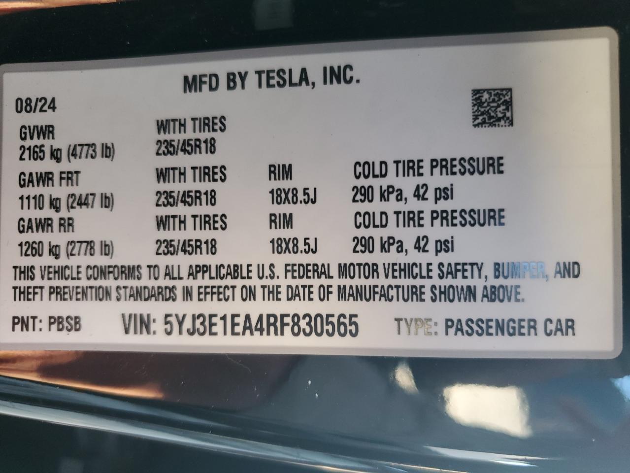 2024 TESLA MODEL 3 VIN:5YJ3E1EA4RF830565