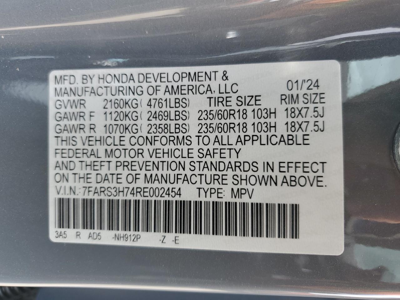 2024 HONDA CR-V EXL VIN:7FARS3H74RE002454