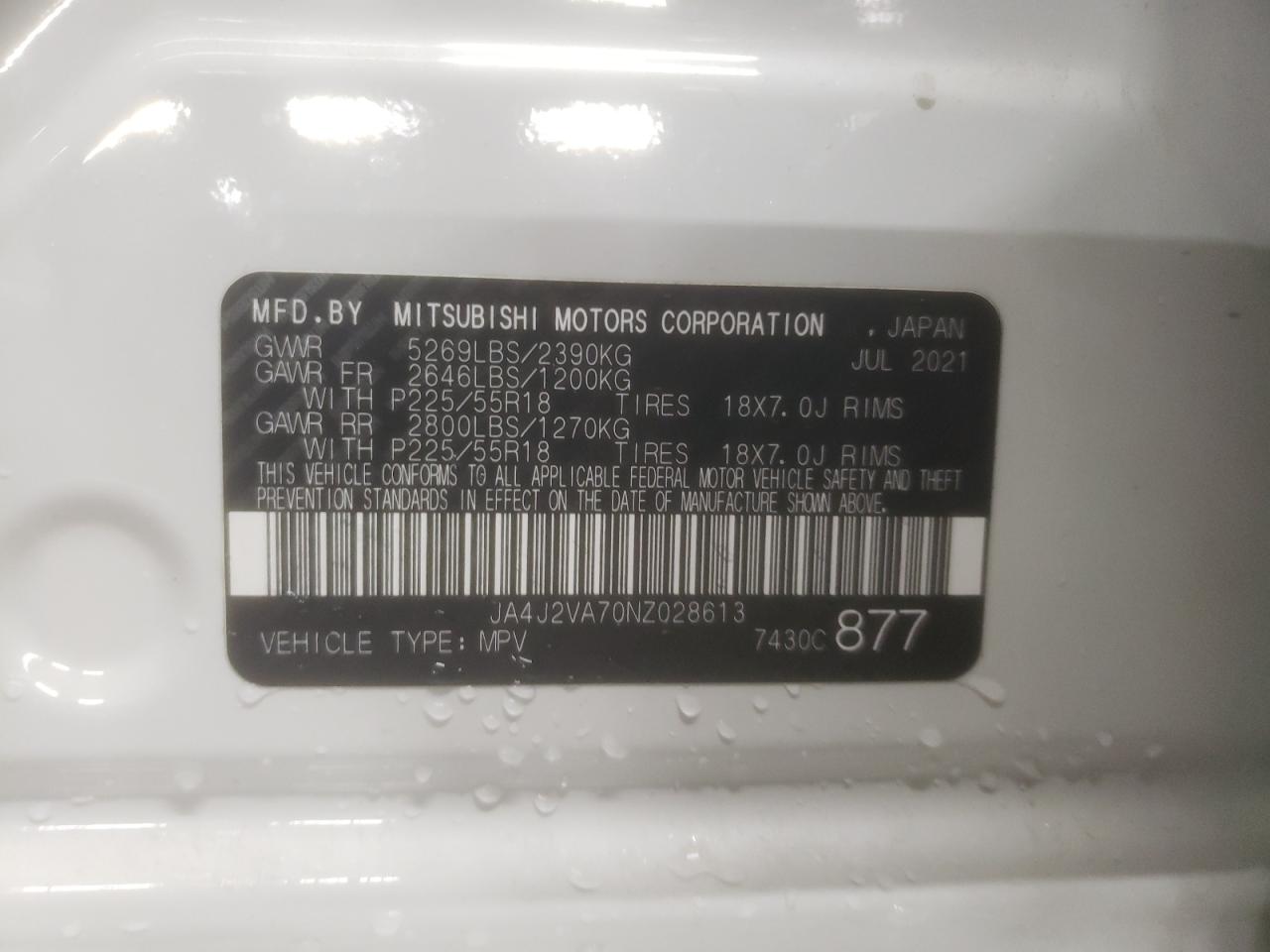 2022 MITSUBISHI OUTLANDER SEL VIN:JA4J2VA70NZ028613