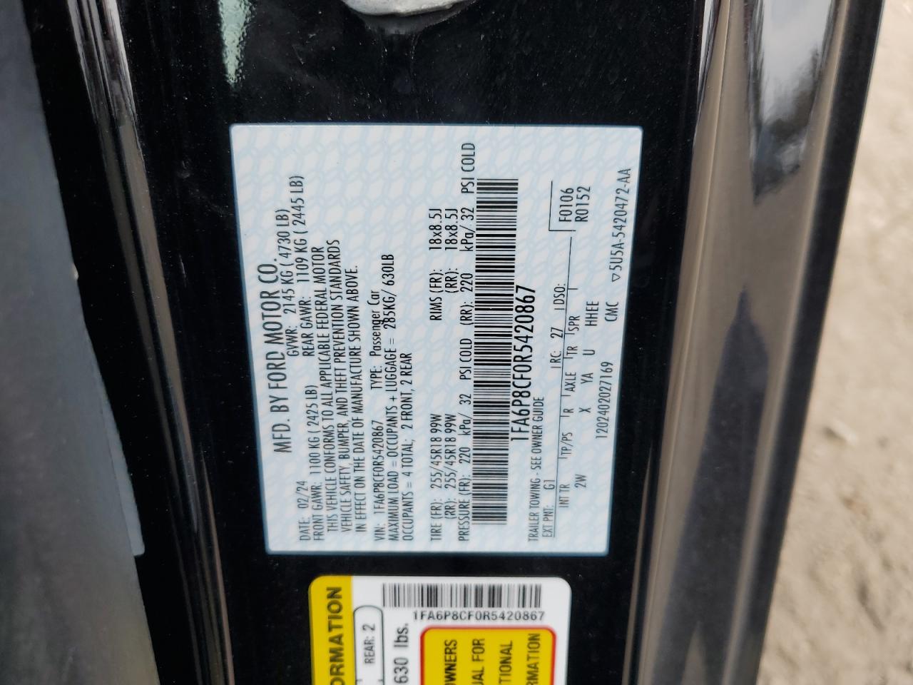 2024 FORD MUSTANG GT VIN:1FA6P8CF0R5420867