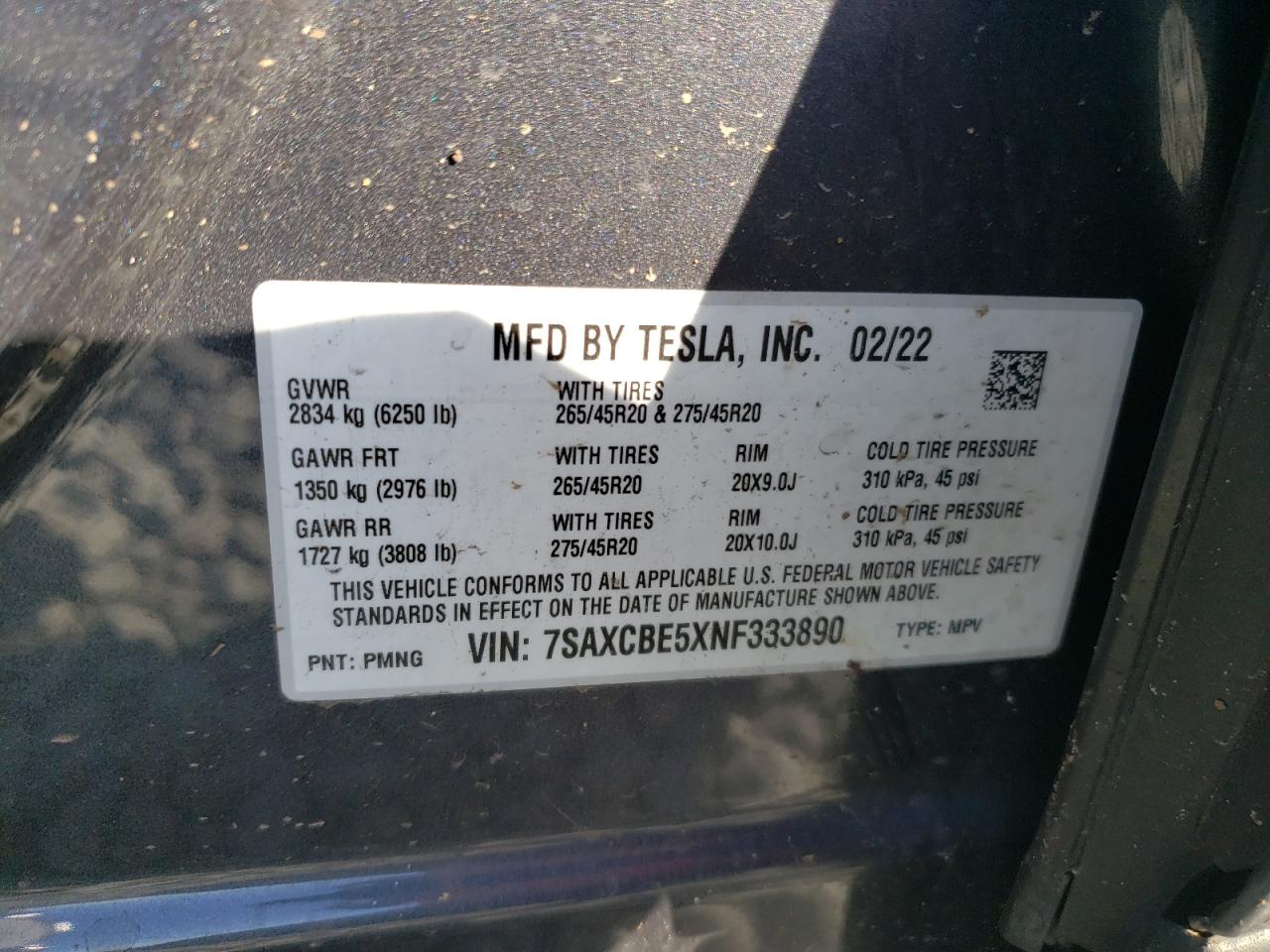 2022 TESLA MODEL X VIN:7SAXCBE5XNF333890