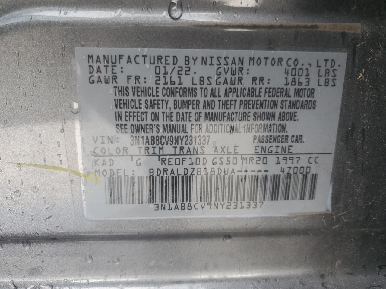 2022 NISSAN SENTRA SV VIN:3N1AB8CV9NY231337