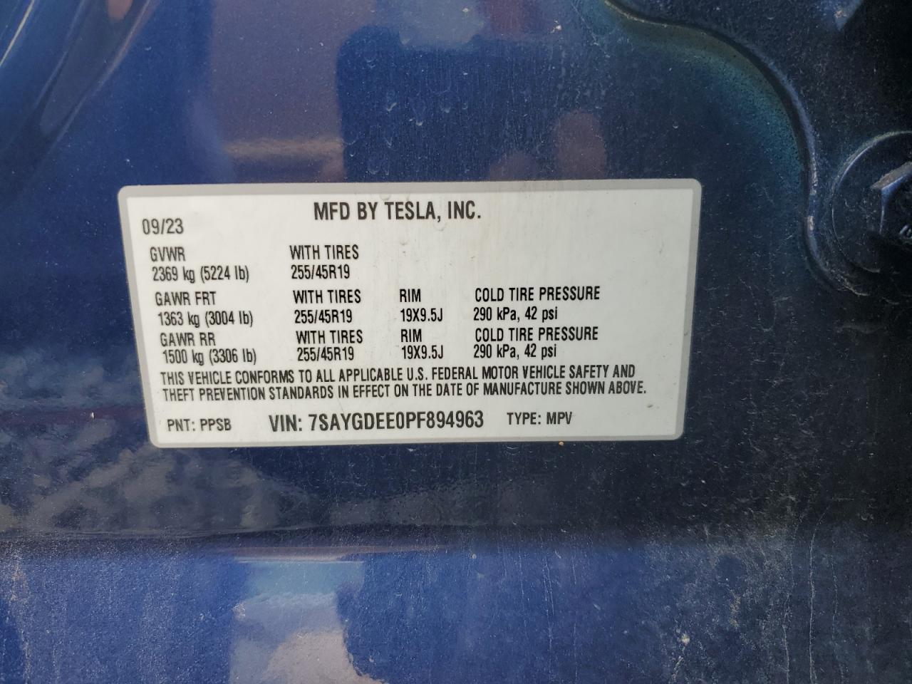 2023 TESLA MODEL Y VIN:7SAYGDEE0PF894963