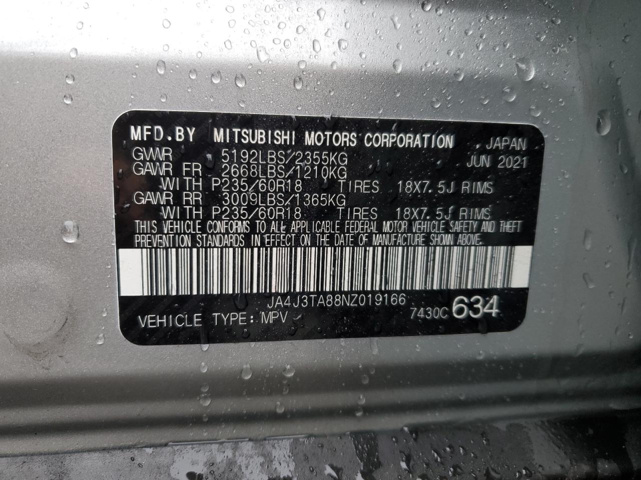 2022 MITSUBISHI OUTLANDER ES VIN:JA4J3TA88NZ019166