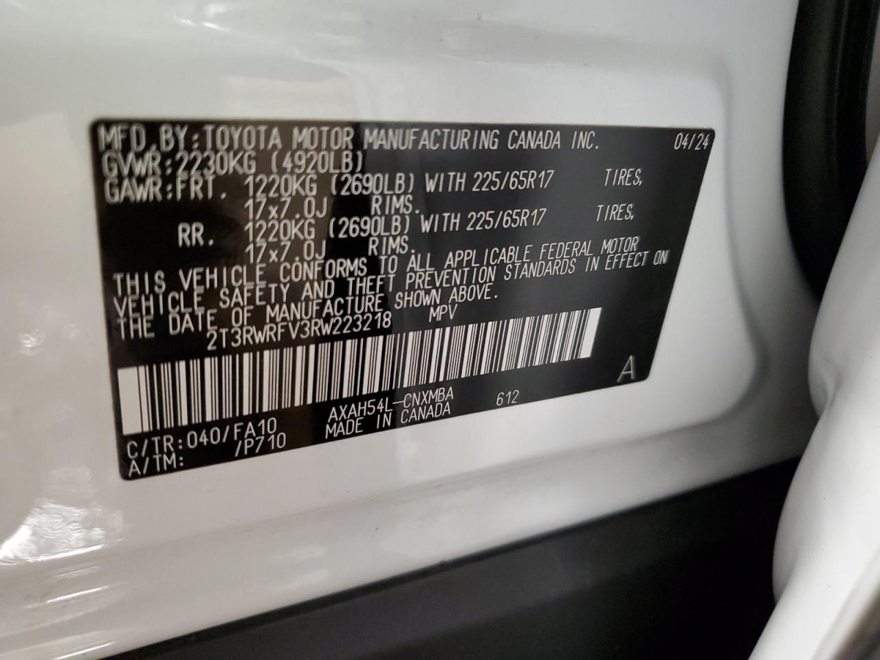 2024 TOYOTA RAV4 XLE VIN:2T3RWRFV3RW223218