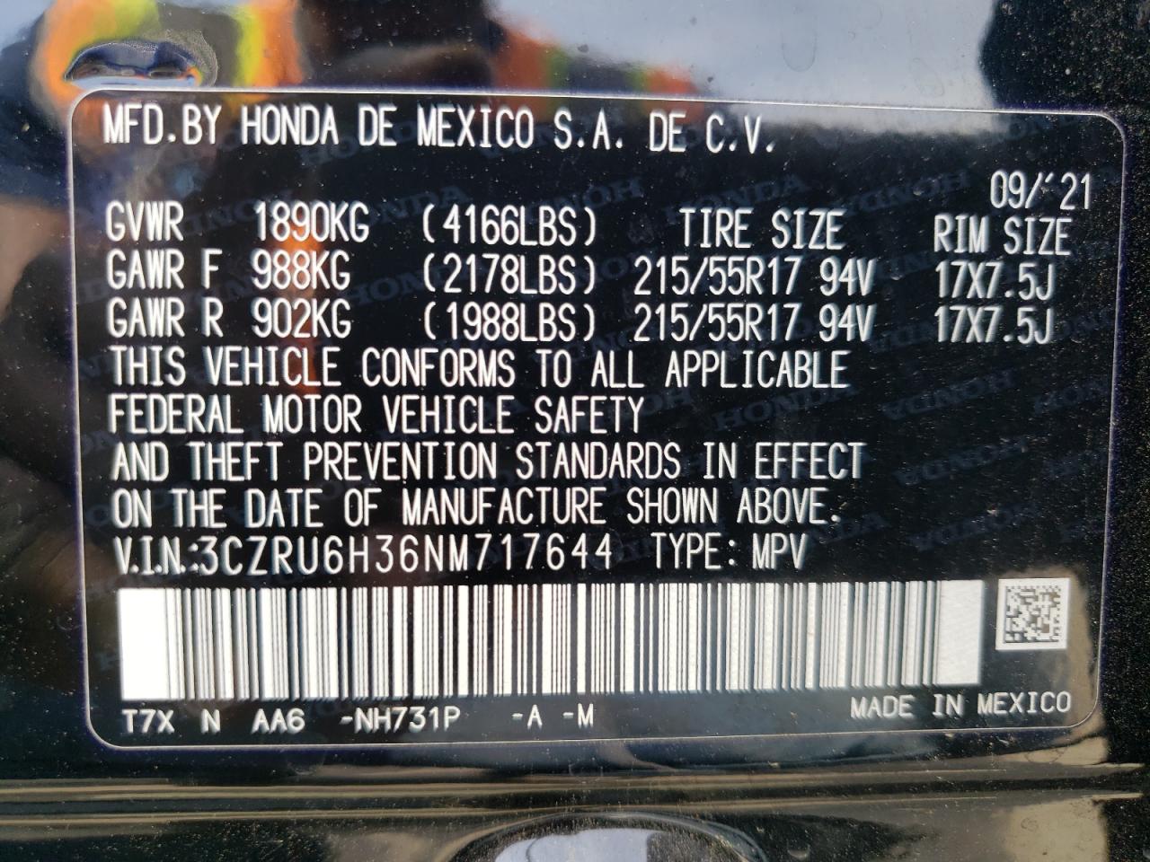 2022 HONDA HR-V LX VIN:3CZRU6H36NM717644