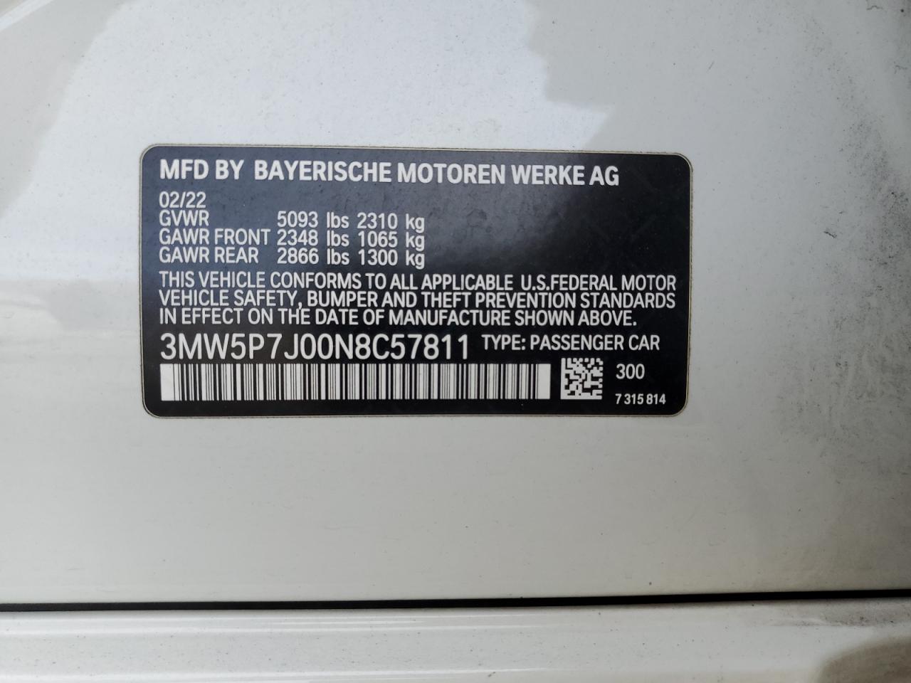 2022 BMW 330E VIN:3MW5P7J00N8C57811