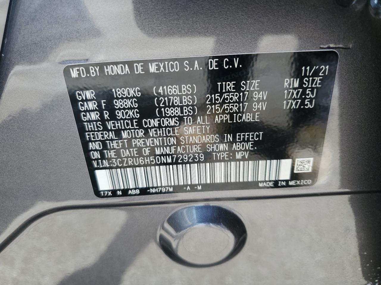 2022 HONDA HR-V EX VIN:3CZRU6H50NM729239