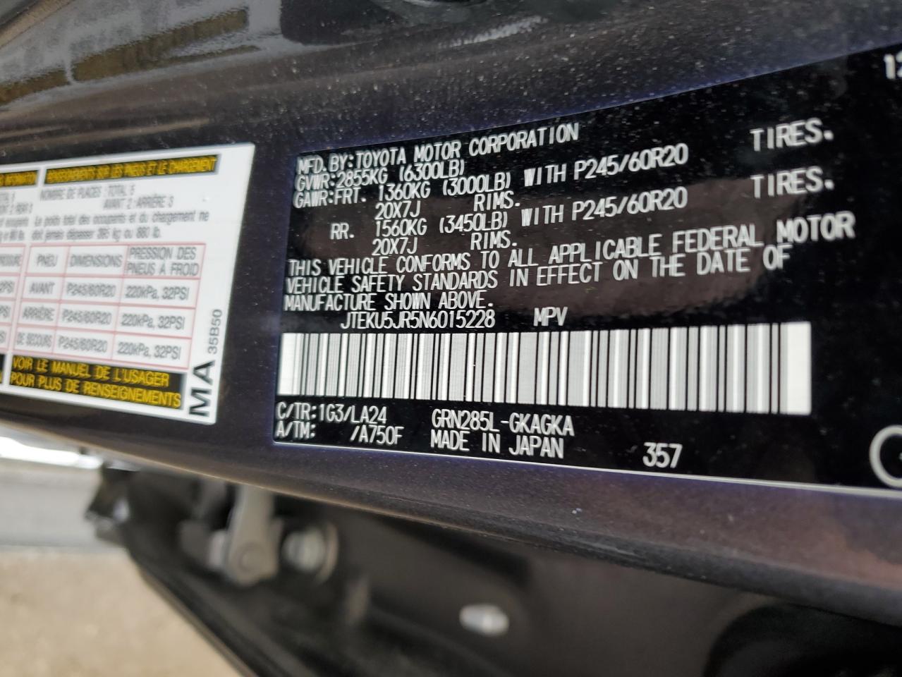 2022 TOYOTA 4RUNNER LIMITED VIN:JTEKU5JR5N6015228