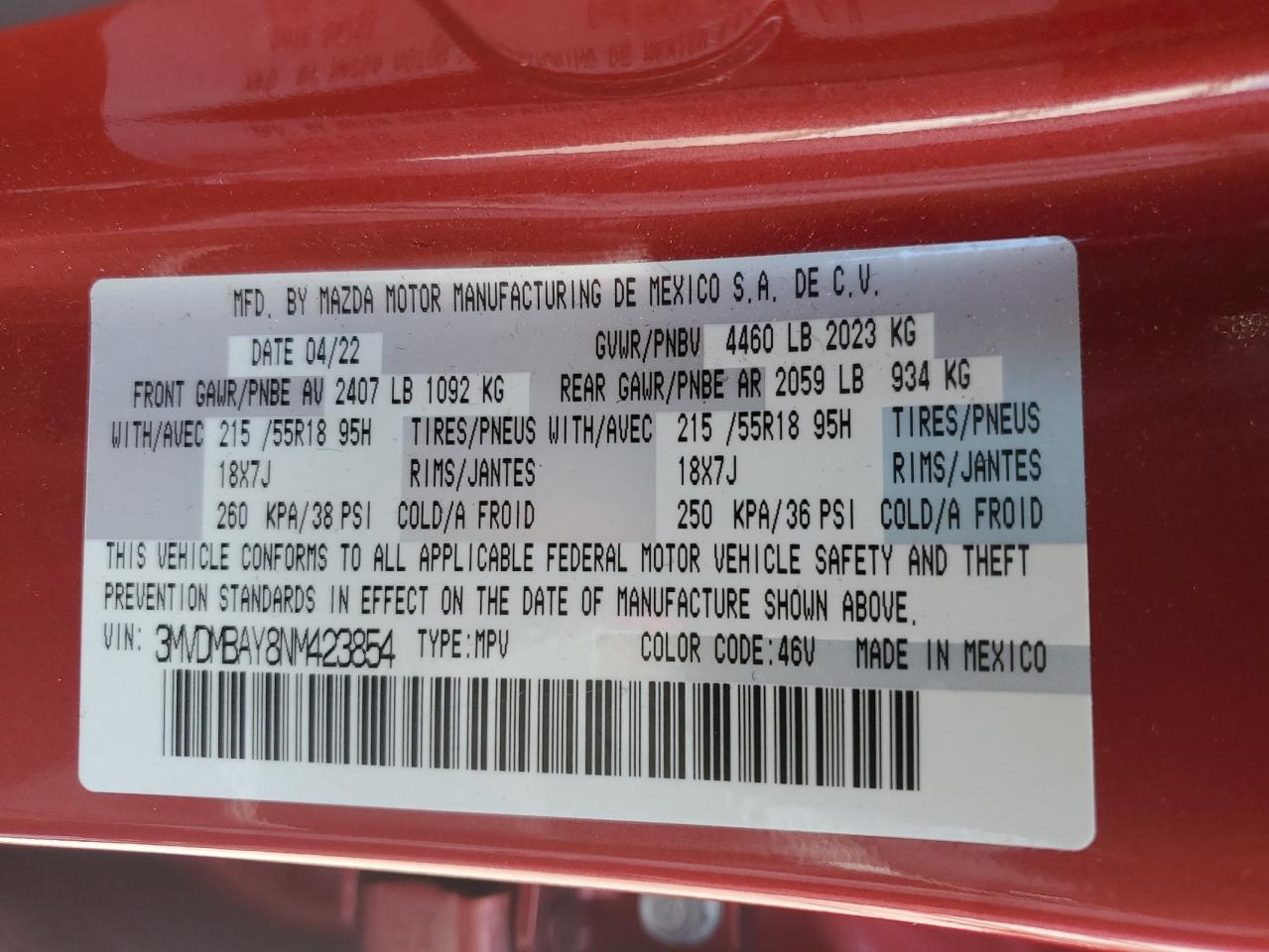 2022 MAZDA CX-30 VIN:3MVDMBAY8NM423854