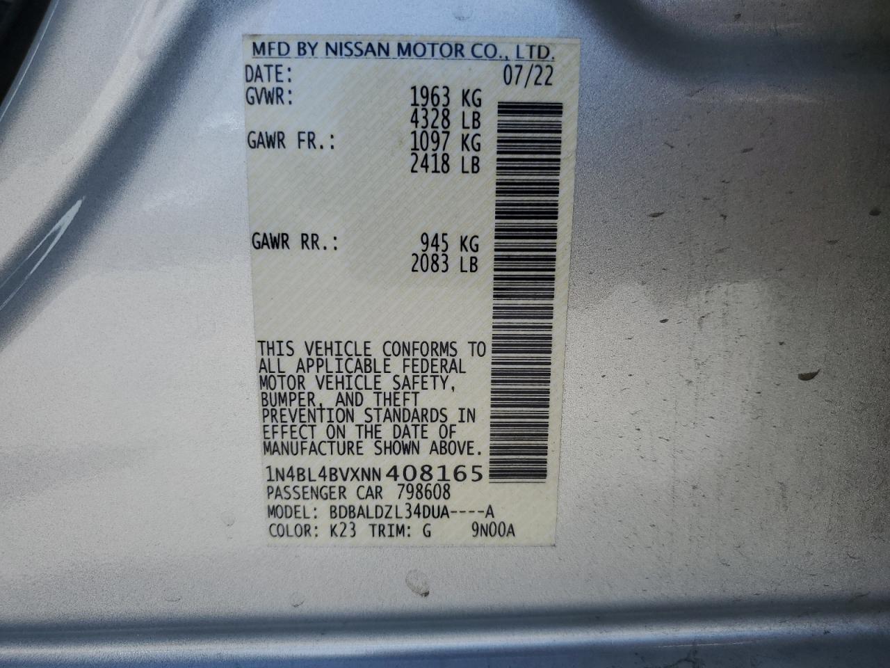 2022 NISSAN ALTIMA S VIN:1N4BL4BVXNN408165