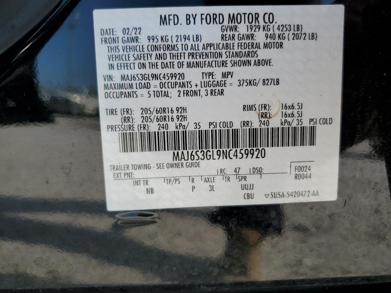 2022 FORD ECOSPORT SE VIN:MAJ6S3GL9NC459920