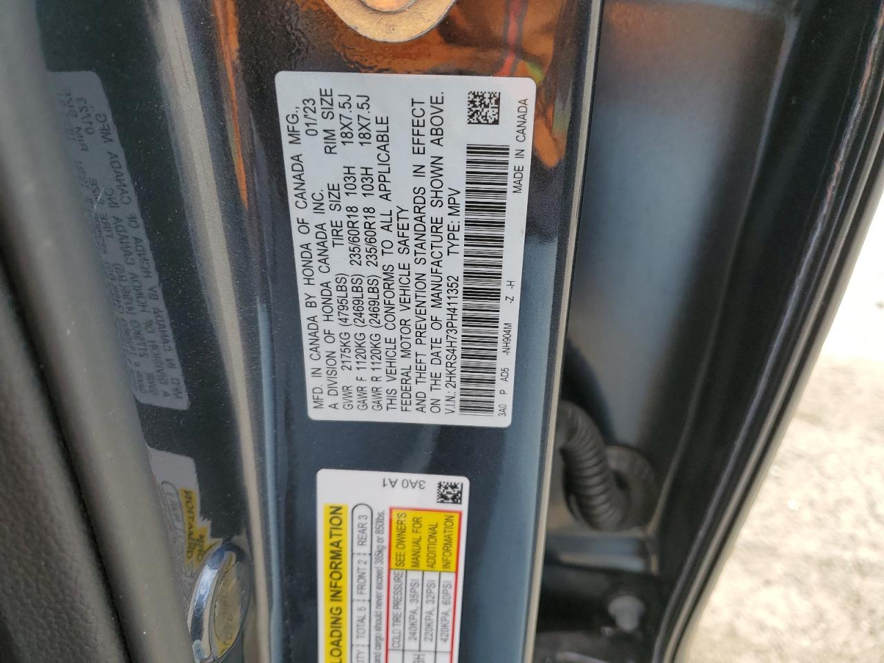 2023 HONDA CR-V EXL VIN:2HKRS4H73PH411352