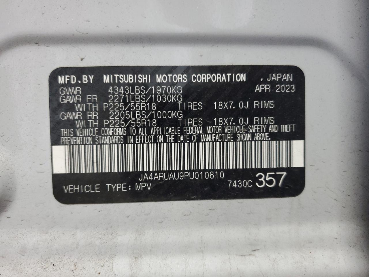 2023 MITSUBISHI OUTLANDER SPORT S/SE VIN:JA4ARUAU9PU010610