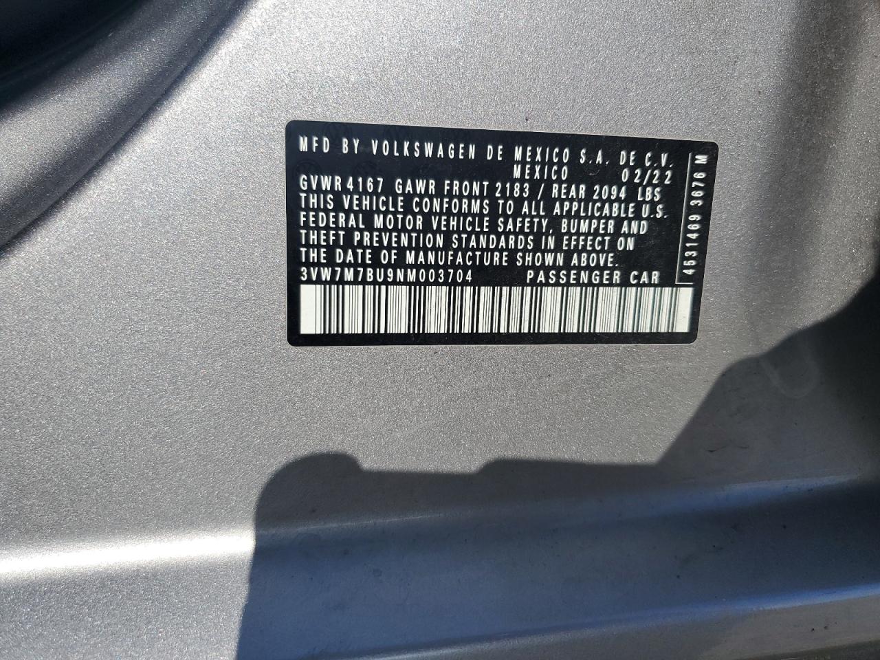 2022 VOLKSWAGEN JETTA SE VIN:3VW7M7BU9NM003704