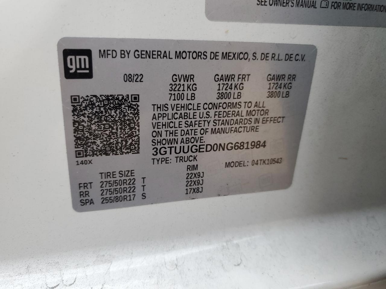 2022 GMC SIERRA K1500 DENALI VIN:3GTUUGED0NG681984