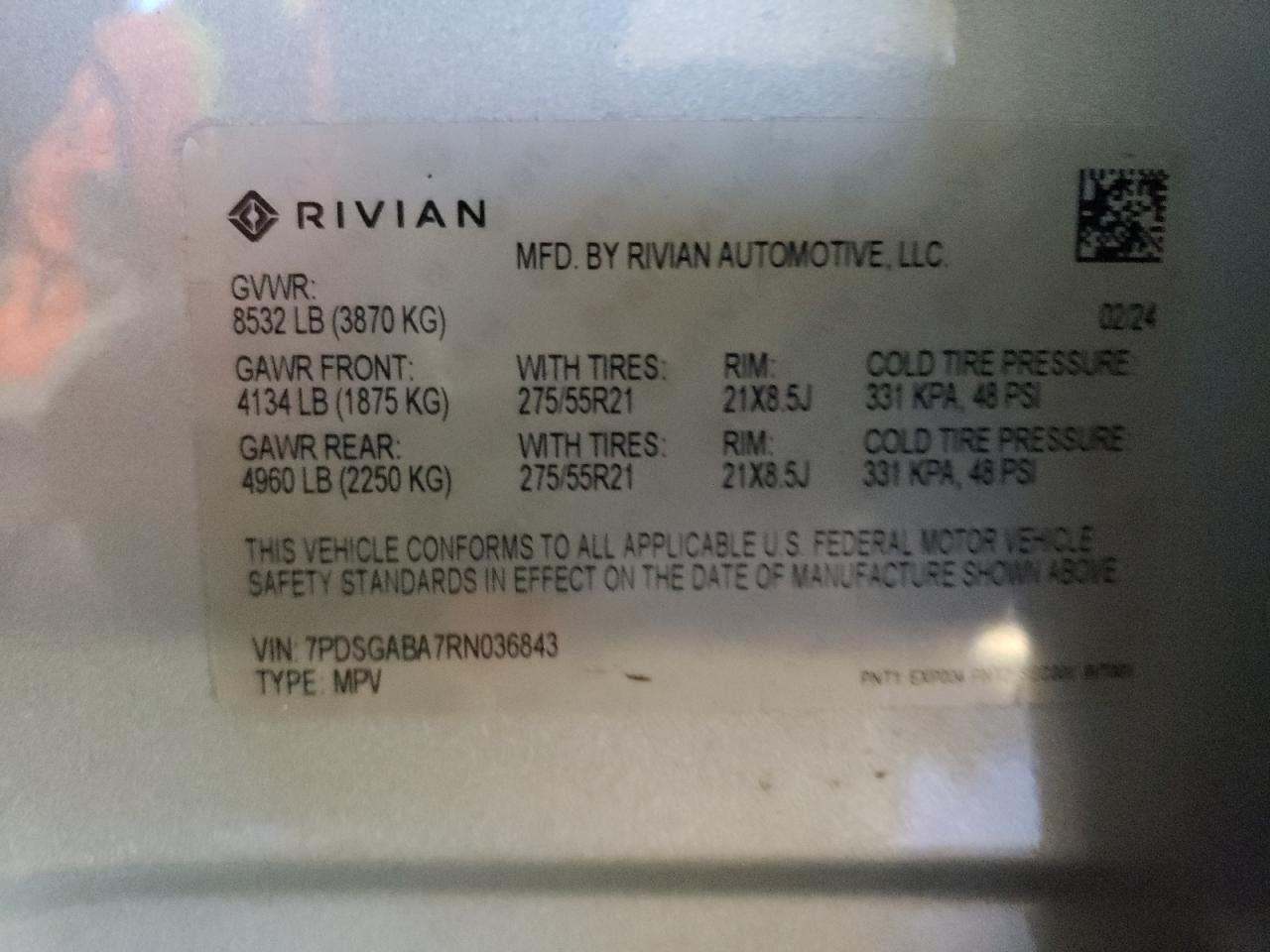 2024 RIVIAN R1S ADVENTURE VIN:7PDSGABA7RN036843