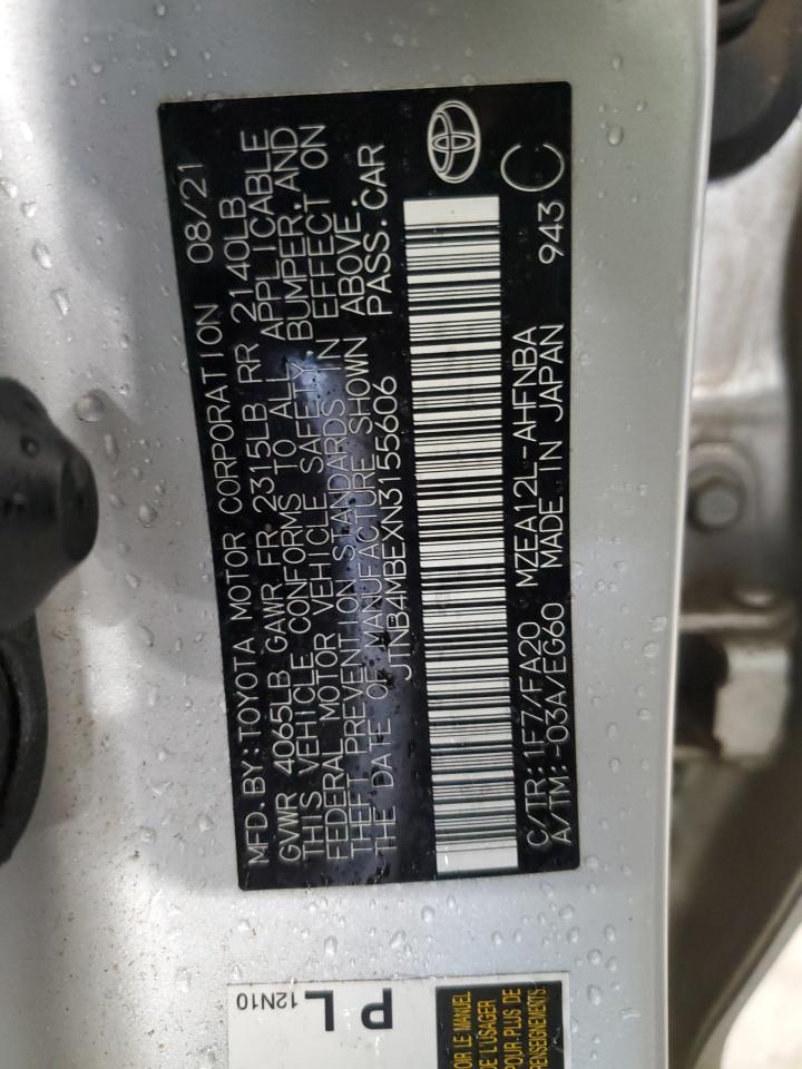 2022 TOYOTA COROLLA SE VIN:JTNB4MBEXN3155606