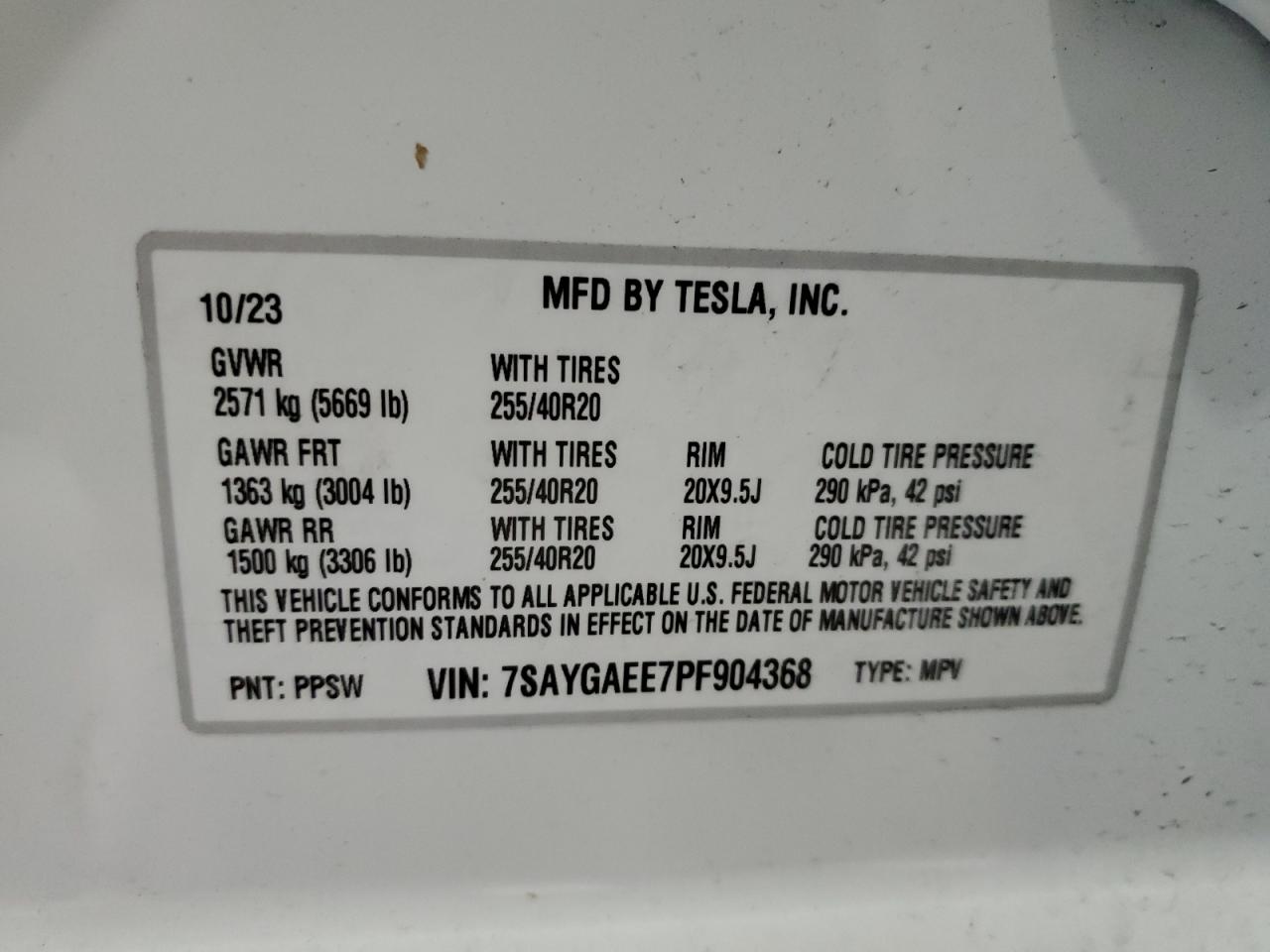 2023 TESLA MODEL Y VIN:7SAYGAEE7PF904368