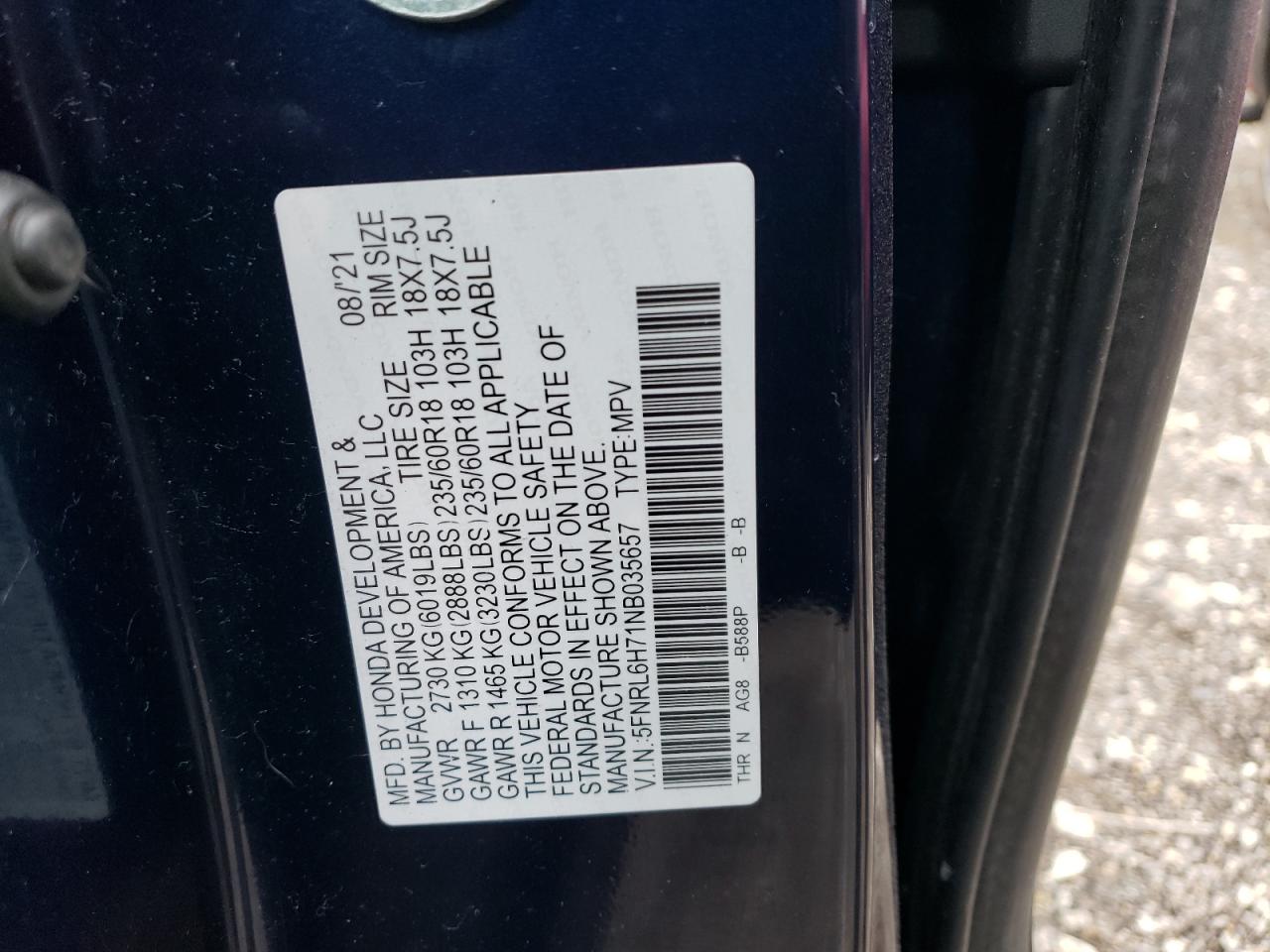 2022 HONDA ODYSSEY EXL VIN:5FNRL6H71NB035657
