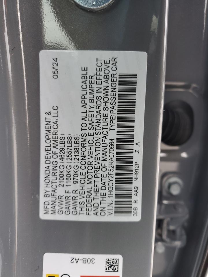 2024 HONDA ACCORD HYBRID SPORT VIN:1HGCY2F52RA070564