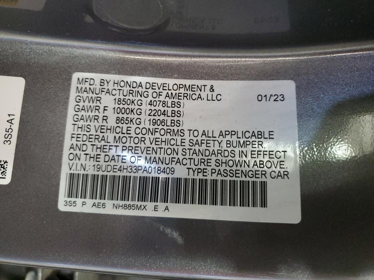 2023 ACURA INTEGRA A-SPEC VIN:19UDE4H33PA018409