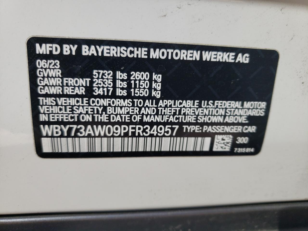 2023 BMW I4 EDRIVE40 VIN:WBY73AW09PFR34957