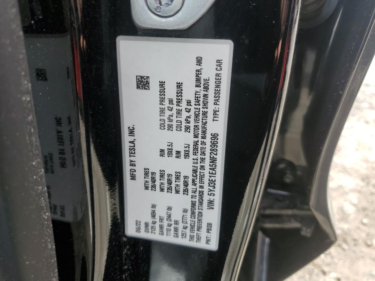 2022 TESLA MODEL 3 VIN:5YJ3E1EA5NF289696