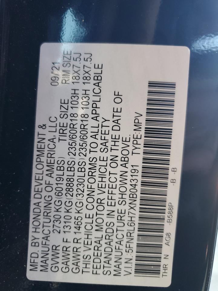 2022 HONDA ODYSSEY EXL VIN:5FNRL6H7XNB043191