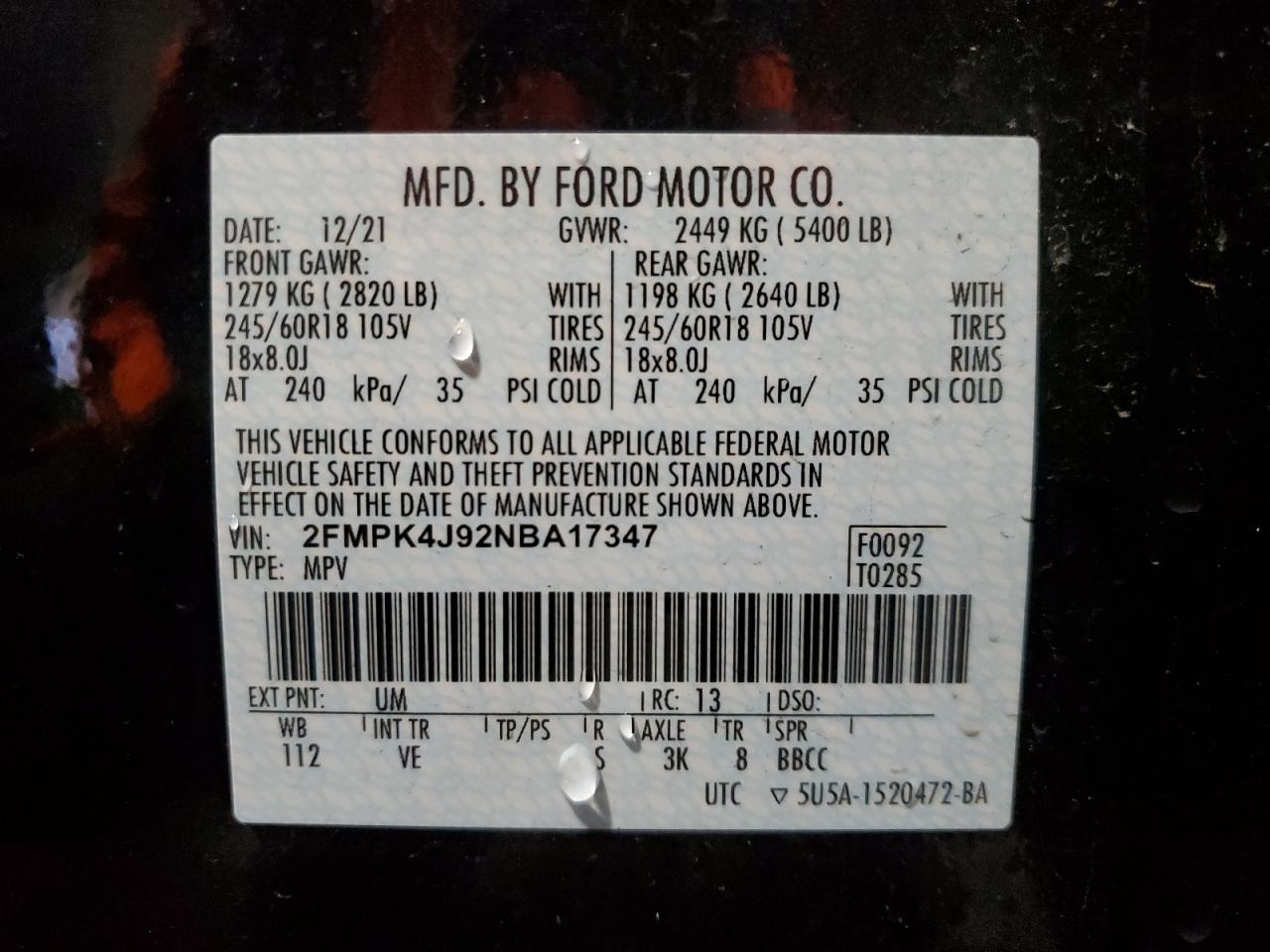 2022 FORD EDGE SEL VIN:2FMPK4J92NBA17347