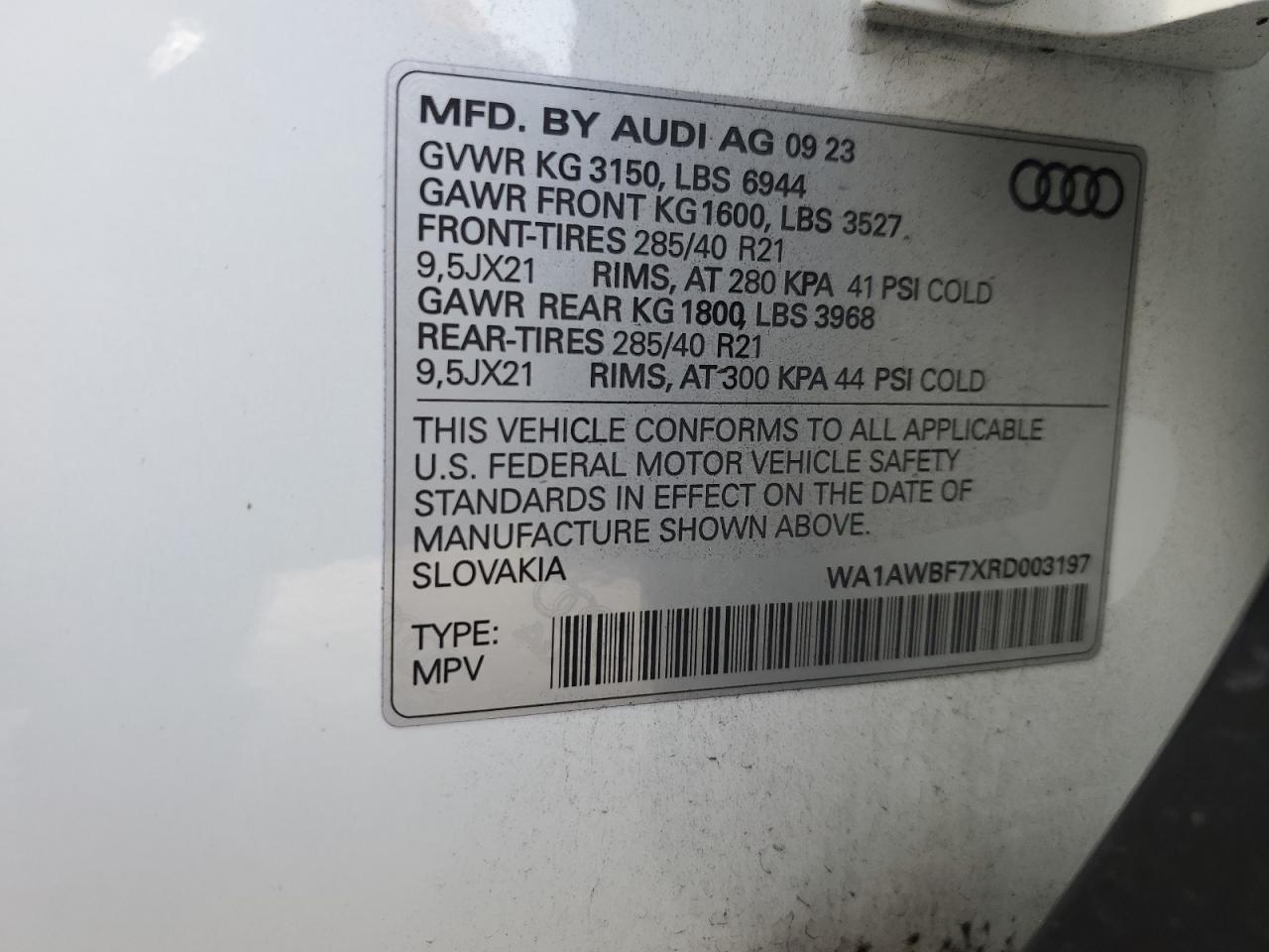 2024 AUDI SQ7 PREMIUM PLUS VIN:WA1AWBF7XRD003197