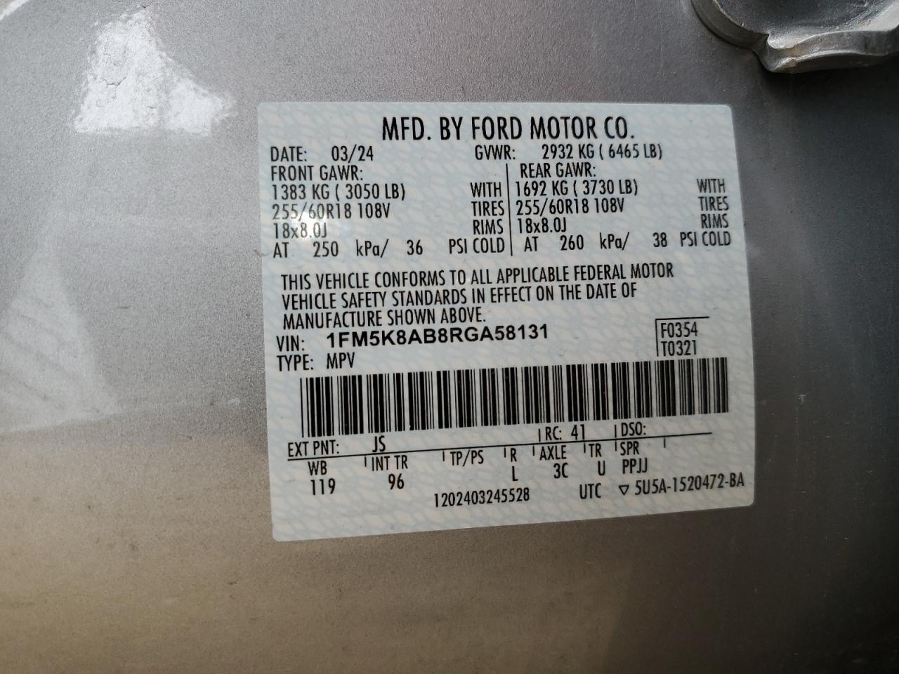 2024 FORD EXPLORER POLICE INTERCEPTOR VIN:1FM5K8AB8RGA58131