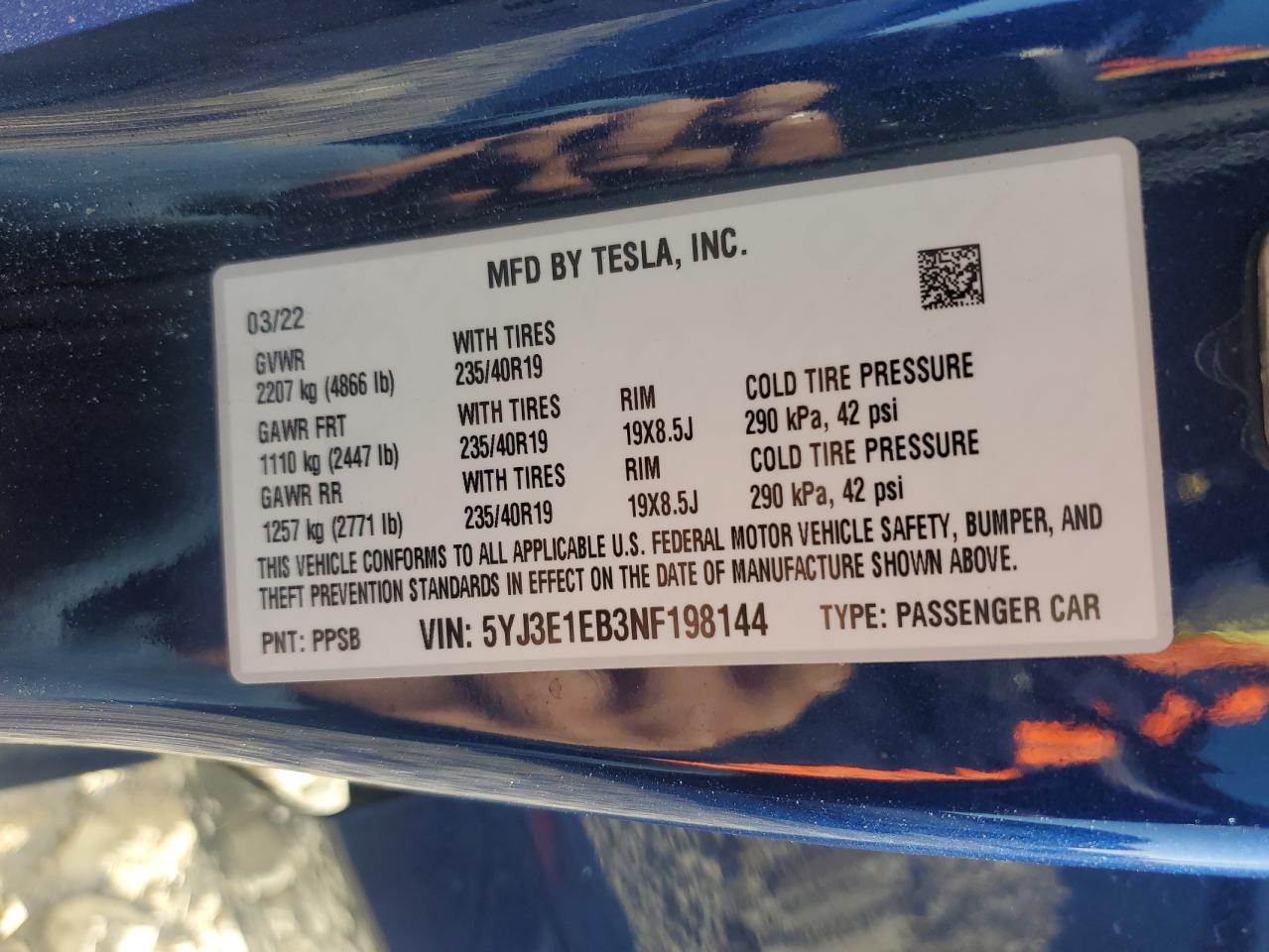 2022 TESLA MODEL 3 VIN:5YJ3E1EB3NF198144